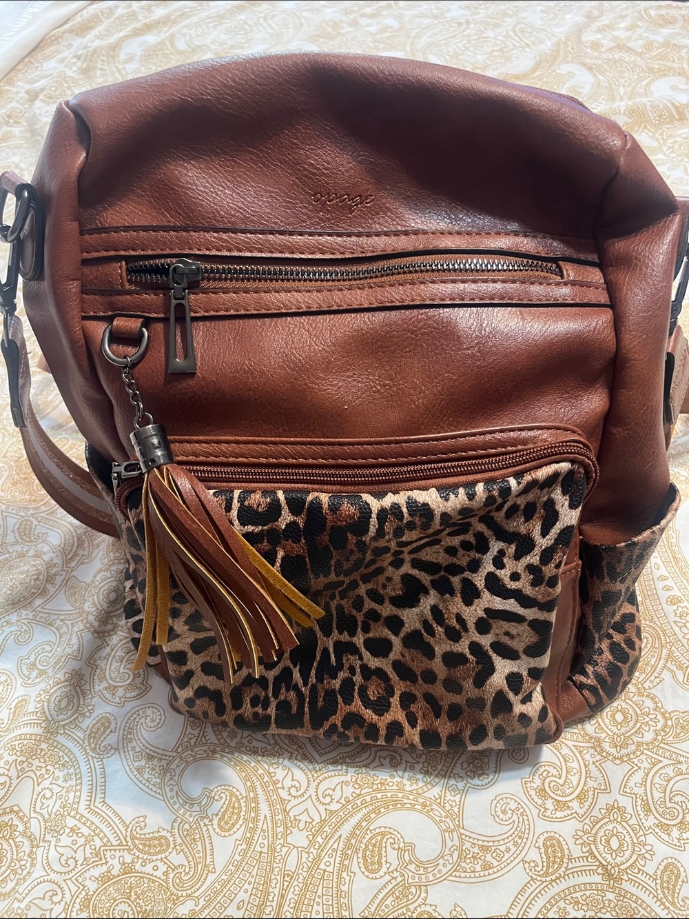 Brown Faux Leather Backpack with Leopard Front Pocket and Tassel